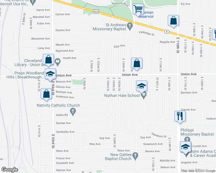 map of restaurants, bars, coffee shops, grocery stores, and more near E 103rd St & Gibson Ave in Cleveland
