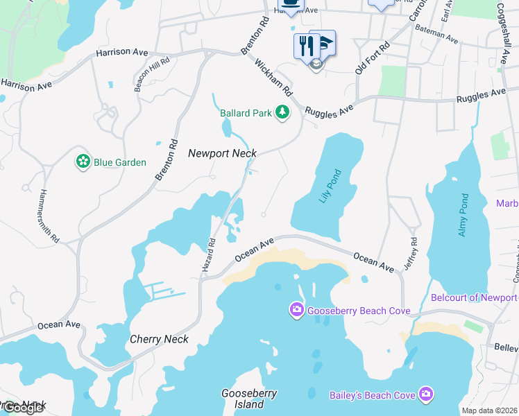 map of restaurants, bars, coffee shops, grocery stores, and more near 21 Ocean Heights Road in Newport