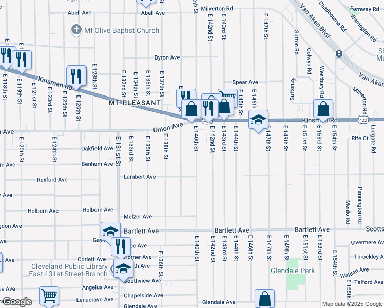 map of restaurants, bars, coffee shops, grocery stores, and more near 3550 East 140th Street in Cleveland