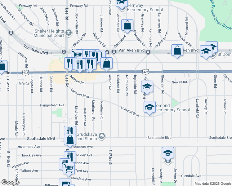 map of restaurants, bars, coffee shops, grocery stores, and more near 3550 Daleford Road in Shaker Heights