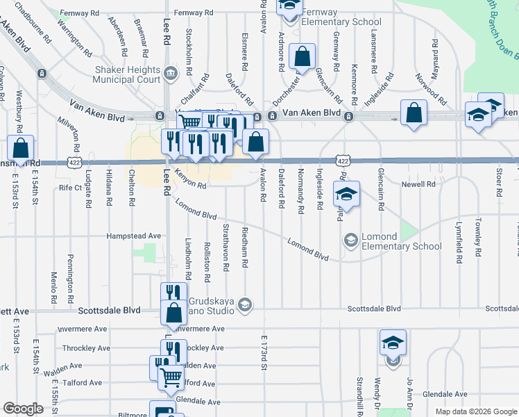 map of restaurants, bars, coffee shops, grocery stores, and more near 3550 Avalon Road in Shaker Heights