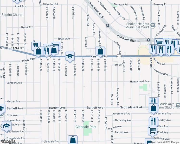 map of restaurants, bars, coffee shops, grocery stores, and more near 3548 East 151st Street in Cleveland