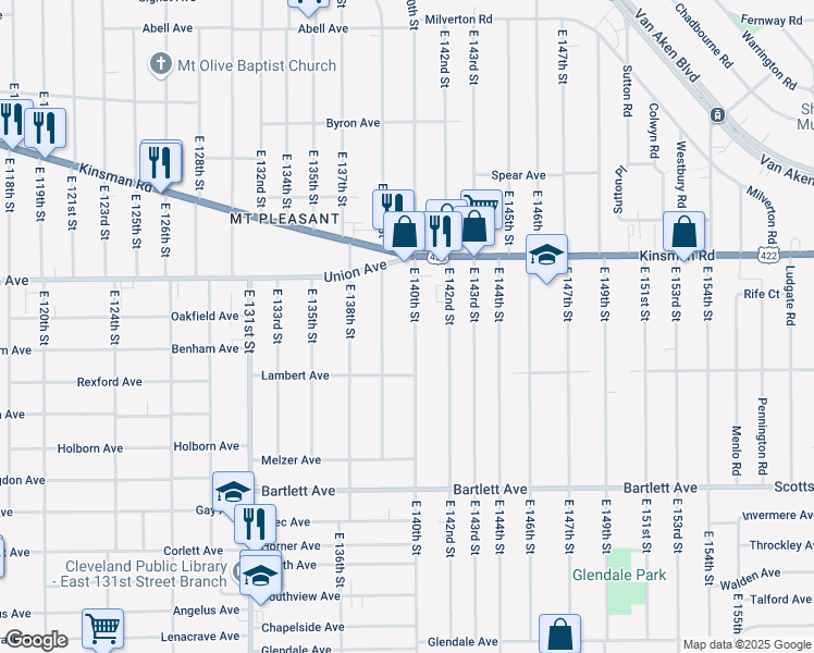 map of restaurants, bars, coffee shops, grocery stores, and more near 3550 East 140th Street in Cleveland