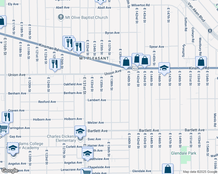 map of restaurants, bars, coffee shops, grocery stores, and more near 3526 East 138th Street in Cleveland