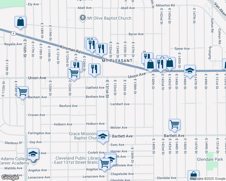 map of restaurants, bars, coffee shops, grocery stores, and more near 3525 East 131st Street in Cleveland