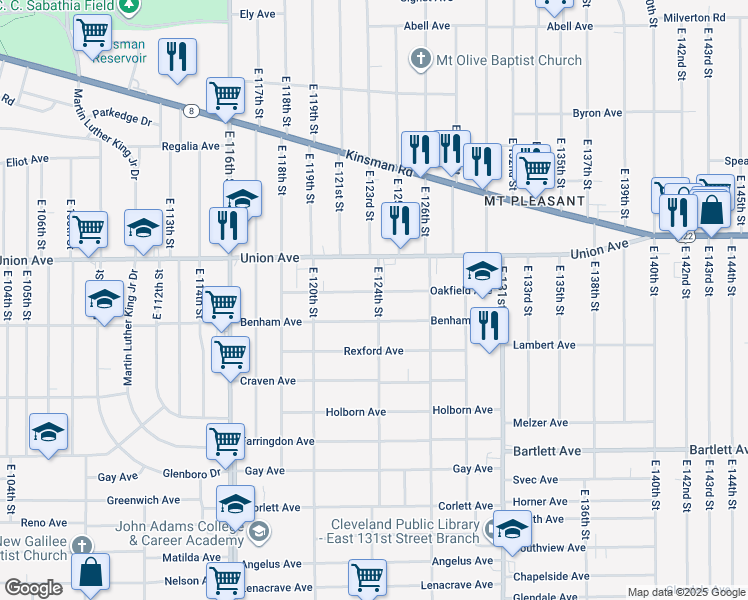 map of restaurants, bars, coffee shops, grocery stores, and more near 3510 East 124th Street in Cleveland