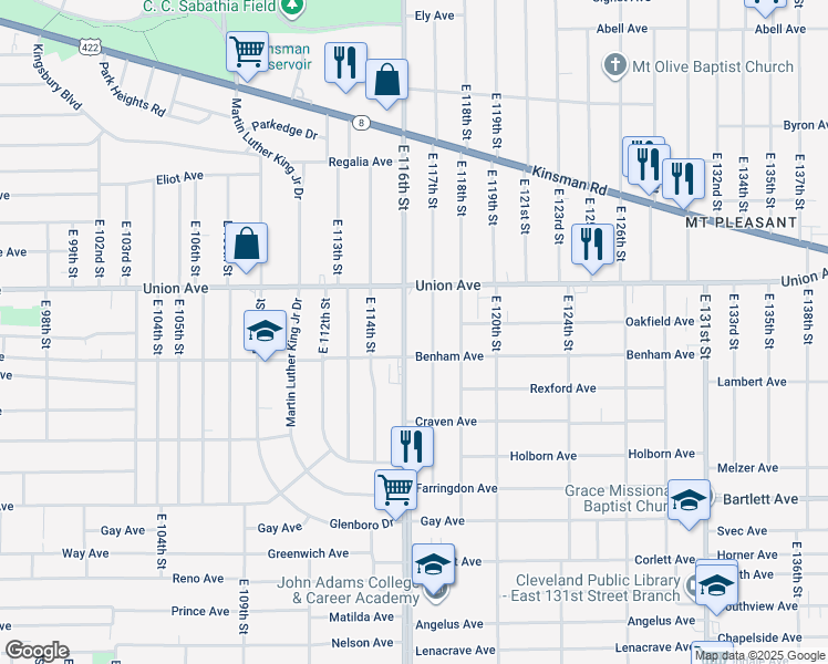 map of restaurants, bars, coffee shops, grocery stores, and more near 3520 East 116th Street in Cleveland