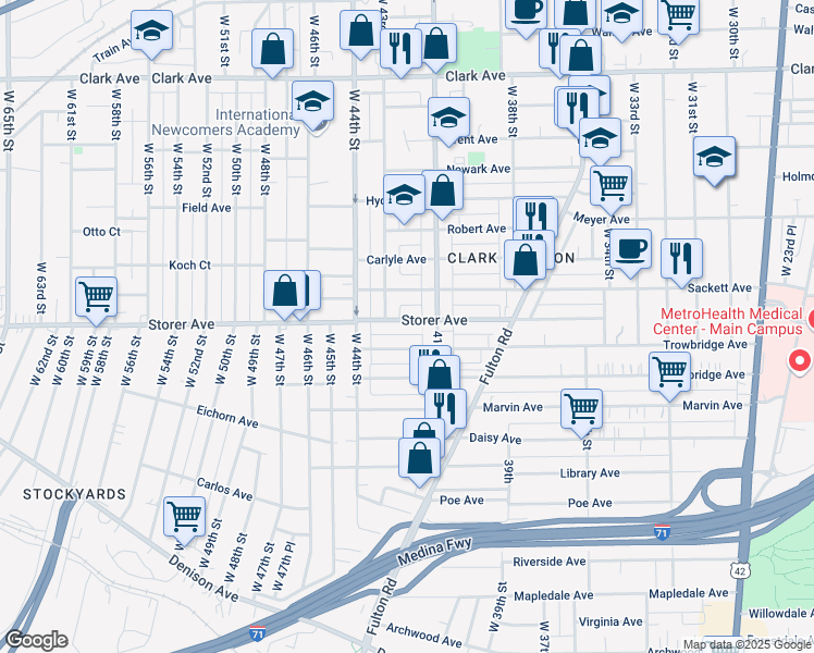 map of restaurants, bars, coffee shops, grocery stores, and more near 4121 Sackett Avenue in Cleveland