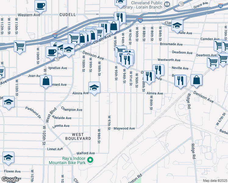 map of restaurants, bars, coffee shops, grocery stores, and more near 3335 West 95th Street in Cleveland