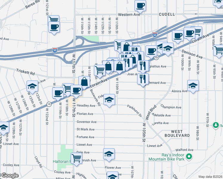 map of restaurants, bars, coffee shops, grocery stores, and more near 3289 West 111th Street in Cleveland