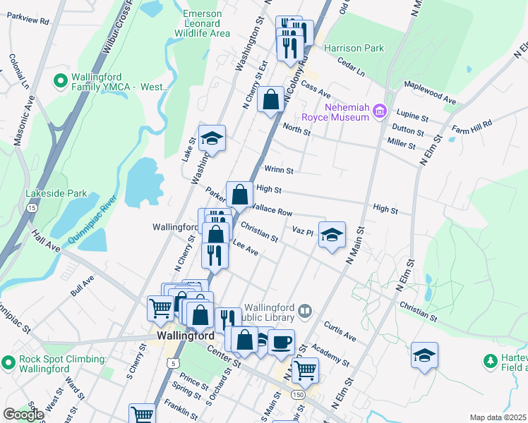 map of restaurants, bars, coffee shops, grocery stores, and more near 29 Wallace Row in Wallingford
