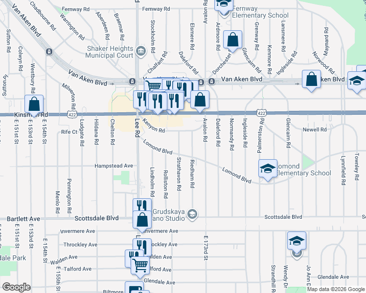 map of restaurants, bars, coffee shops, grocery stores, and more near 17010 Kenyon Road in Shaker Heights