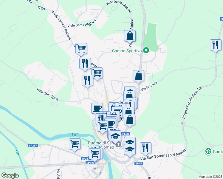 map of restaurants, bars, coffee shops, grocery stores, and more near 15 Via Trieste in Pontecorvo