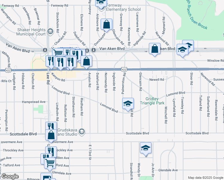 map of restaurants, bars, coffee shops, grocery stores, and more near 3580 Ingleside Road in Shaker Heights
