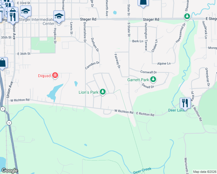 map of restaurants, bars, coffee shops, grocery stores, and more near 847 Yorkshire Terrace in Crete