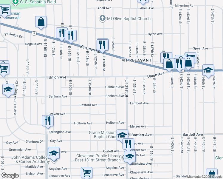 map of restaurants, bars, coffee shops, grocery stores, and more near 12709 Oakfield Avenue in Cleveland