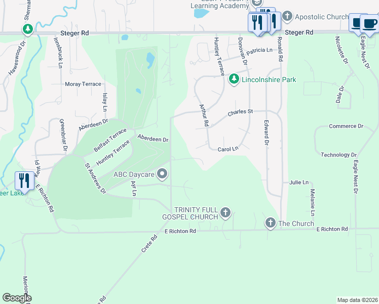 map of restaurants, bars, coffee shops, grocery stores, and more near 25 Arthur Court in Crete