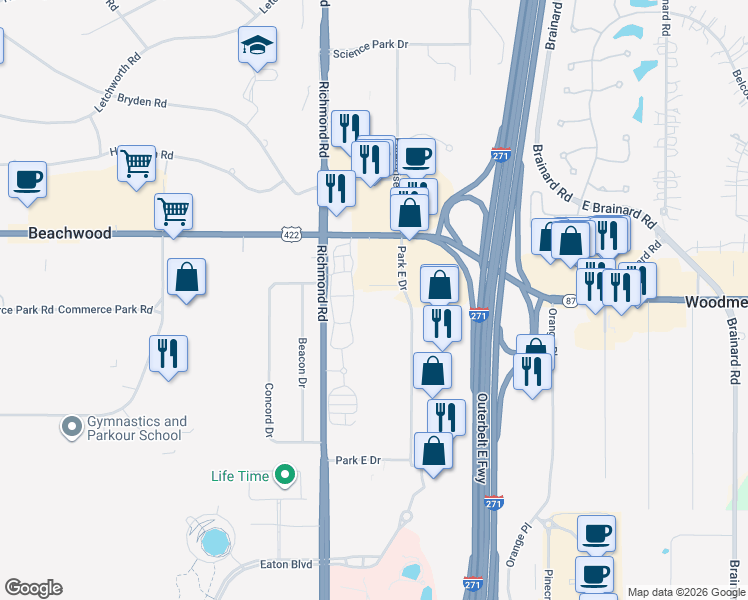 map of restaurants, bars, coffee shops, grocery stores, and more near 3550 Park East Drive in Beachwood