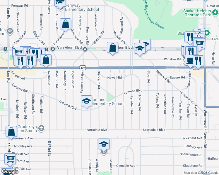 map of restaurants, bars, coffee shops, grocery stores, and more near 3555 Gridley Road in Shaker Heights