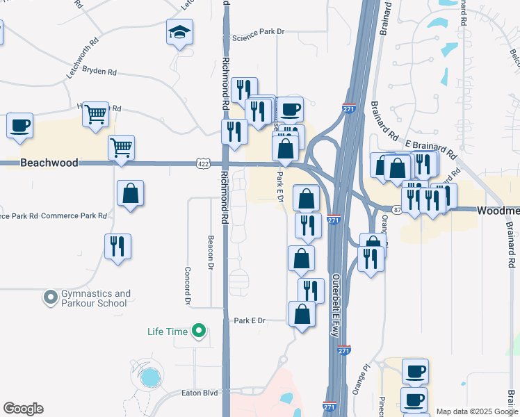 map of restaurants, bars, coffee shops, grocery stores, and more near 3550 Park East Drive in Beachwood