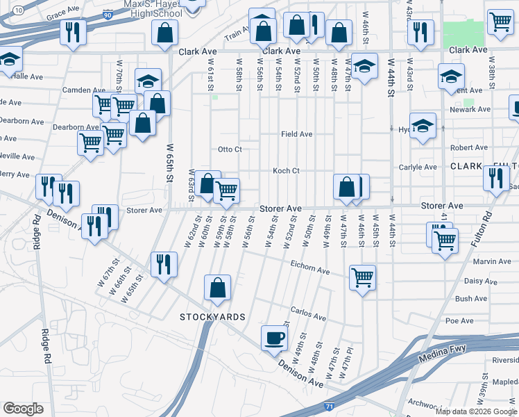 map of restaurants, bars, coffee shops, grocery stores, and more near Storer Ave & W 56th St in Cleveland