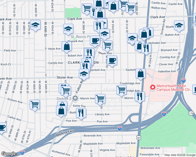 map of restaurants, bars, coffee shops, grocery stores, and more near 3437 Storer Avenue in Cleveland