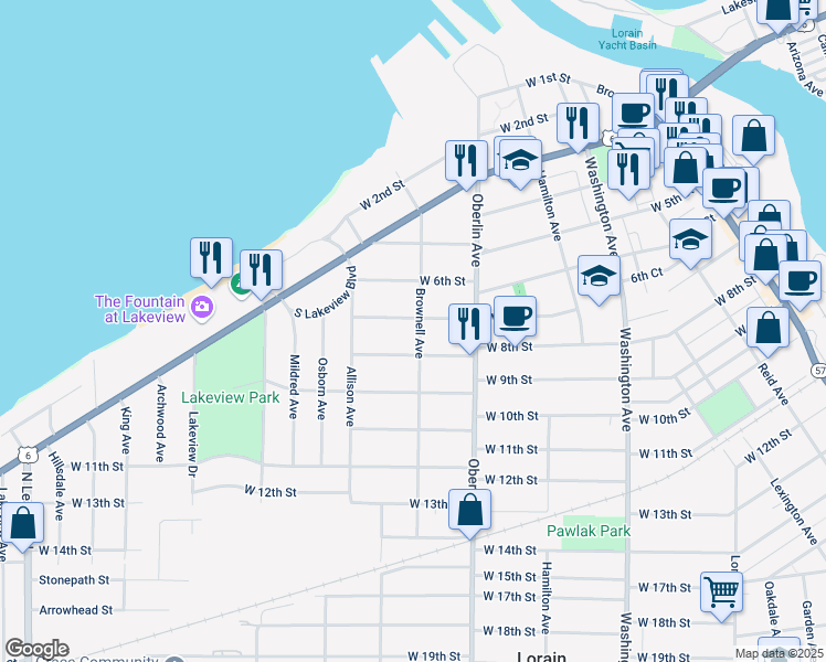 map of restaurants, bars, coffee shops, grocery stores, and more near 720 Brownell Avenue in Lorain