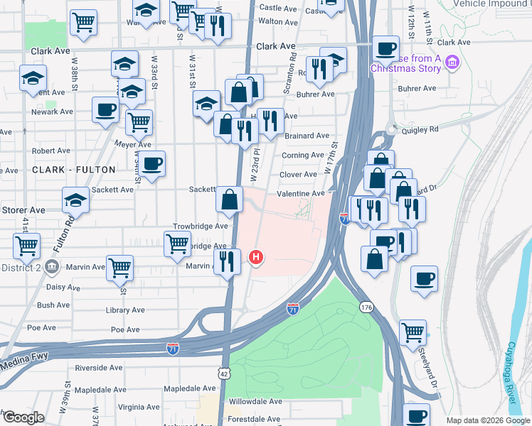 map of restaurants, bars, coffee shops, grocery stores, and more near in Cleveland