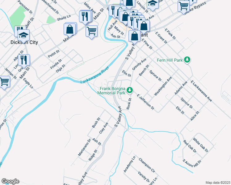 map of restaurants, bars, coffee shops, grocery stores, and more near 518 Sanderson Avenue in Olyphant