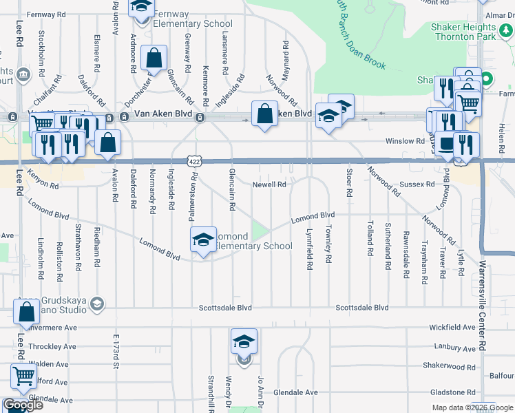 map of restaurants, bars, coffee shops, grocery stores, and more near 3555 Gridley Road in Shaker Heights