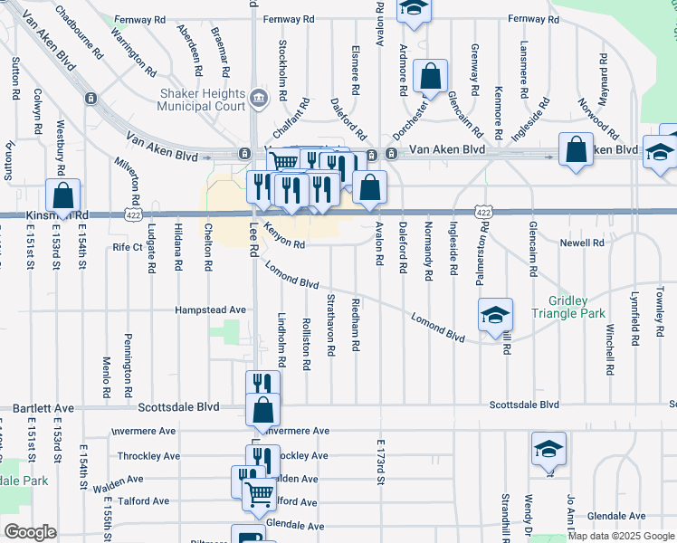 map of restaurants, bars, coffee shops, grocery stores, and more near 17010 Kenyon Road in Shaker Heights