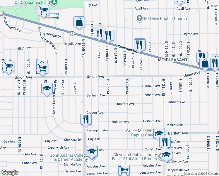 map of restaurants, bars, coffee shops, grocery stores, and more near 12013 Oakfield Avenue in Cleveland