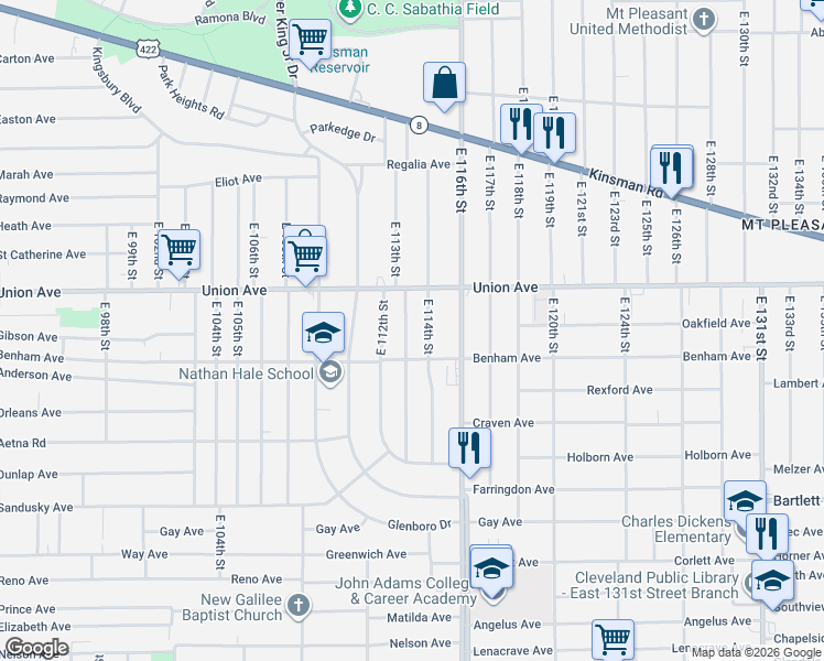 map of restaurants, bars, coffee shops, grocery stores, and more near 3524 East 114th Street in Cleveland