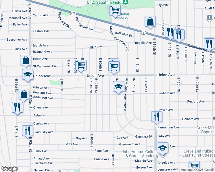 map of restaurants, bars, coffee shops, grocery stores, and more near 3517 East 106th Street in Cleveland