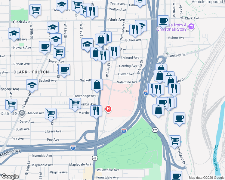 map of restaurants, bars, coffee shops, grocery stores, and more near in Cleveland