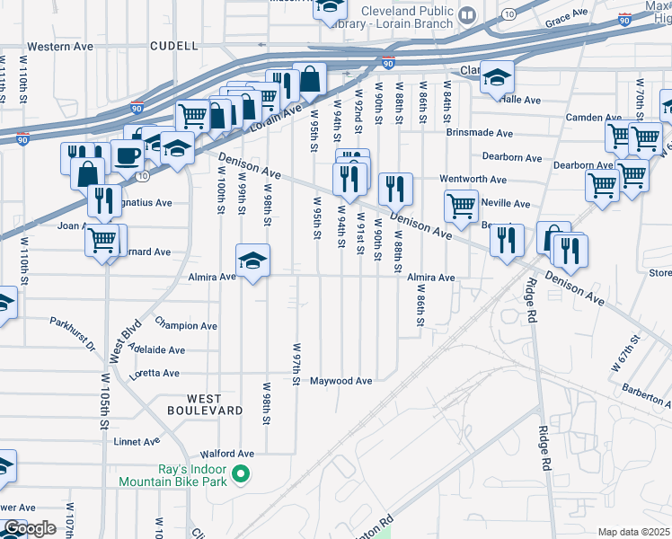 map of restaurants, bars, coffee shops, grocery stores, and more near 3335 West 95th Street in Cleveland