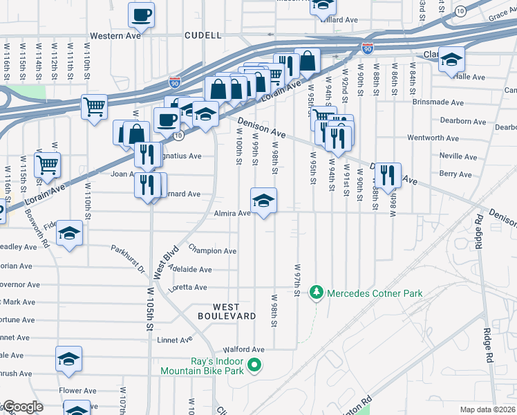 map of restaurants, bars, coffee shops, grocery stores, and more near 3338 West 98th Street in Cleveland