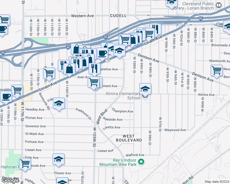 map of restaurants, bars, coffee shops, grocery stores, and more near 10227 Bernard Avenue in Cleveland