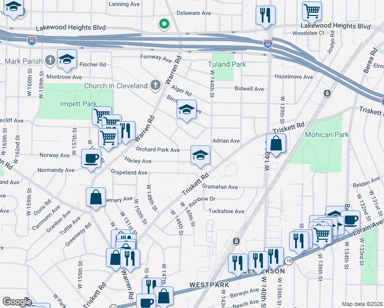 map of restaurants, bars, coffee shops, grocery stores, and more near 14528 Orchard Park Avenue in Cleveland