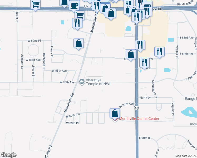 map of restaurants, bars, coffee shops, grocery stores, and more near 8505 Merrillville Road in Merrillville