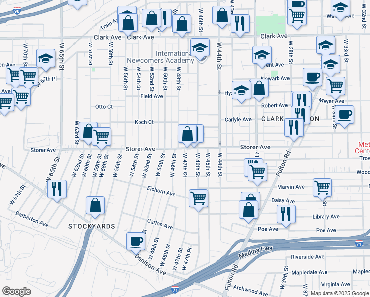 map of restaurants, bars, coffee shops, grocery stores, and more near Storer Ave & W 47th St in Cleveland