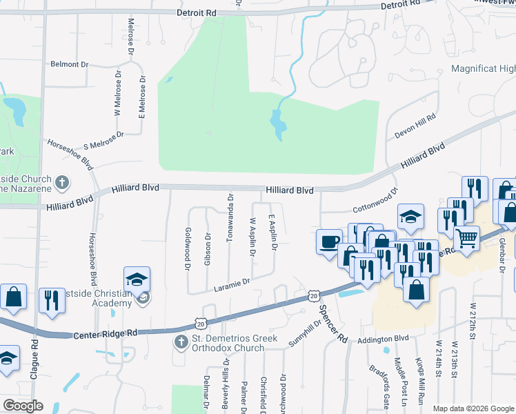 map of restaurants, bars, coffee shops, grocery stores, and more near 22525 Hilliard Boulevard in Rocky River