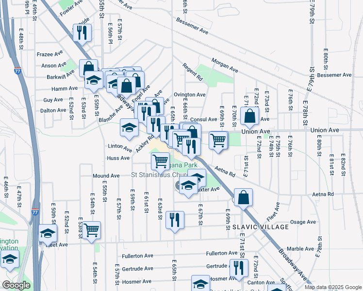 map of restaurants, bars, coffee shops, grocery stores, and more near 6444 Union Avenue in Cleveland