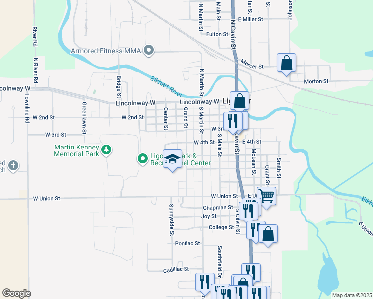 map of restaurants, bars, coffee shops, grocery stores, and more near Grand Street in Ligonier