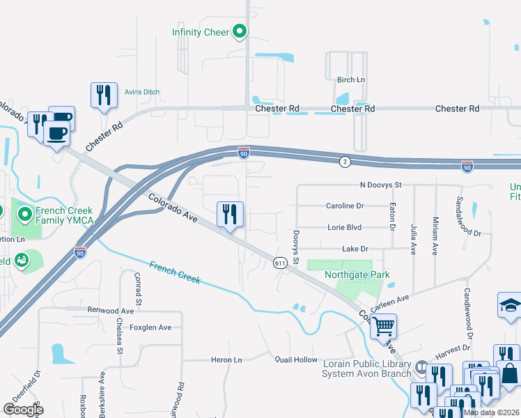 map of restaurants, bars, coffee shops, grocery stores, and more near 1783 Moore Road in Avon