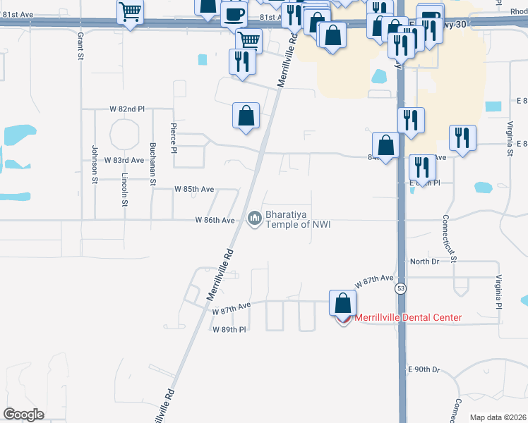 map of restaurants, bars, coffee shops, grocery stores, and more near 8505 Merrillville Rd in Merrillville