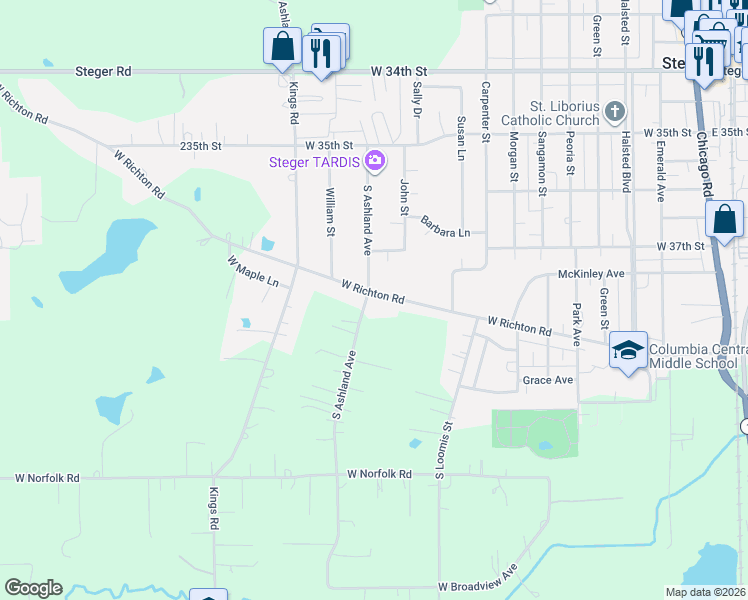 map of restaurants, bars, coffee shops, grocery stores, and more near 315 West Richton Road in Steger