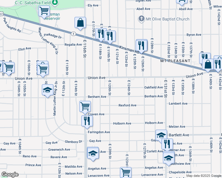 map of restaurants, bars, coffee shops, grocery stores, and more near 3541 East 120th Street in Cleveland