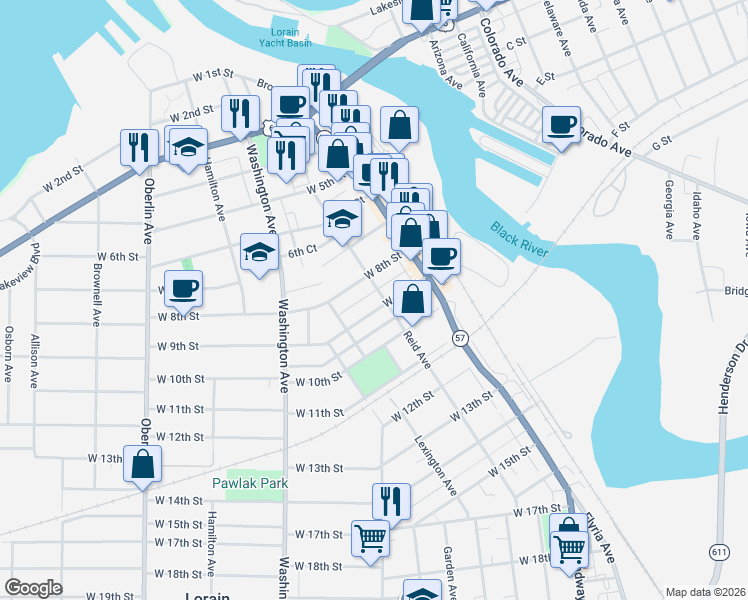 map of restaurants, bars, coffee shops, grocery stores, and more near 311 West 8th Street in Lorain
