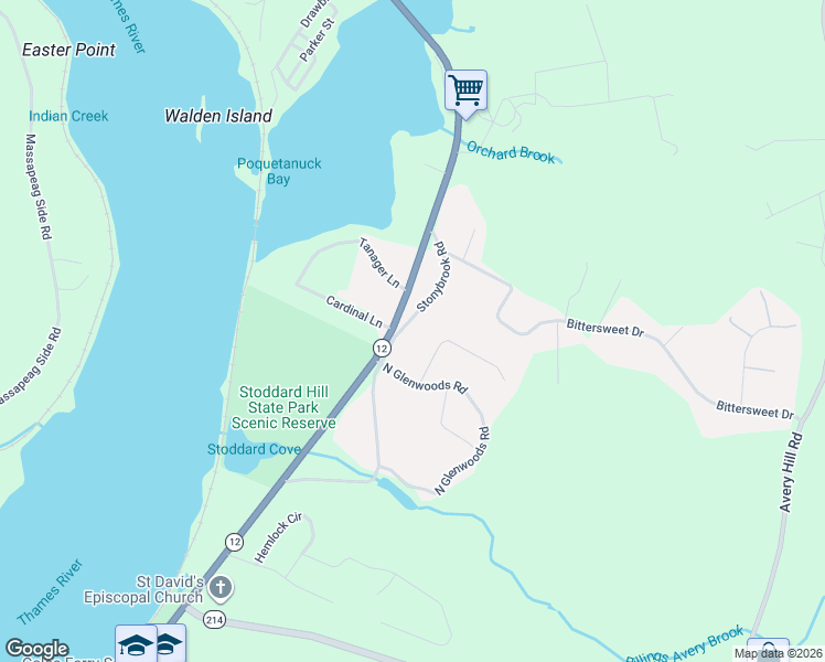 map of restaurants, bars, coffee shops, grocery stores, and more near 54 Stonybrook Road in Ledyard